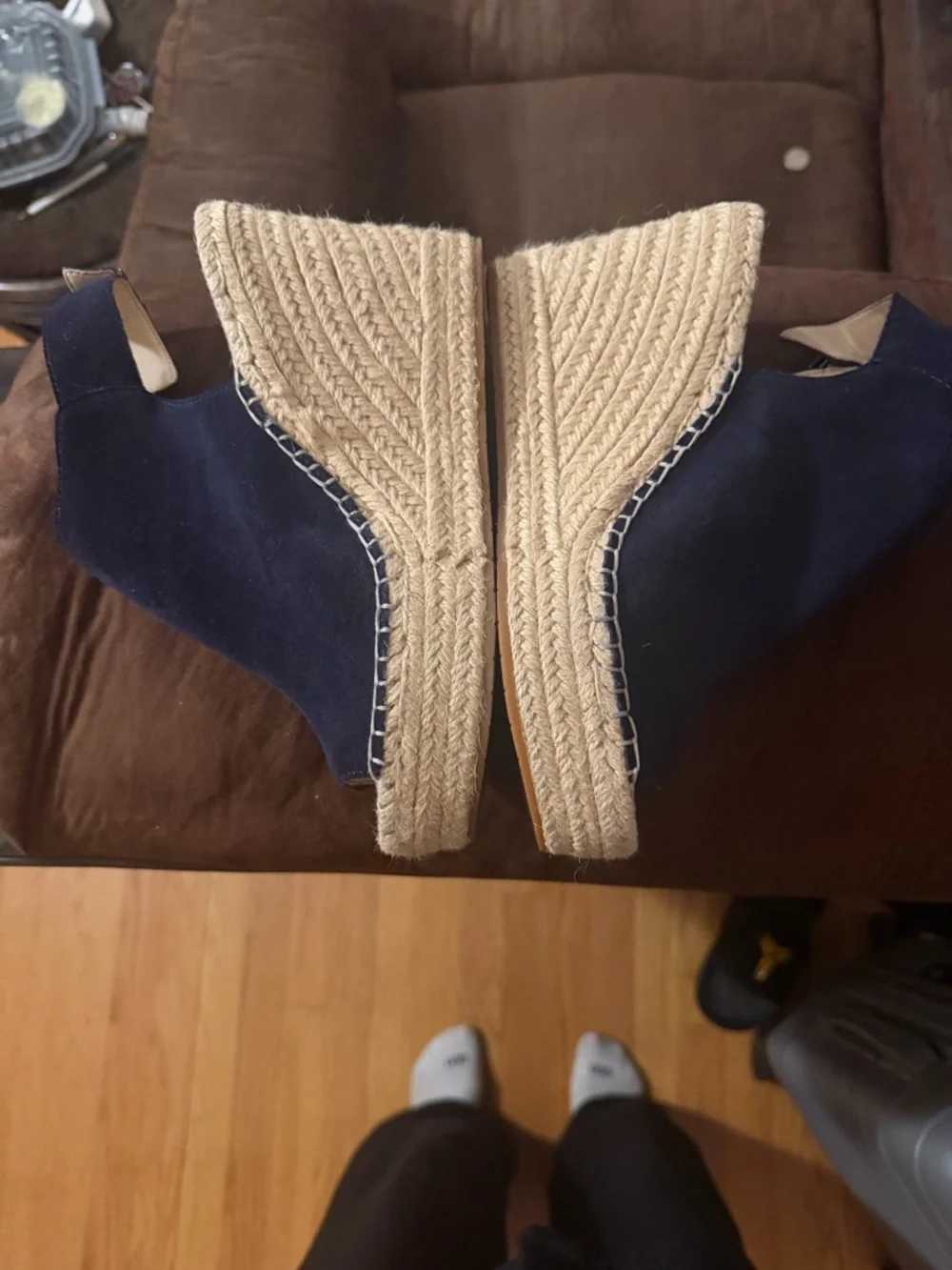 Kenneth Cole Navy Suede Espadrille Wedge Sandals with Ankle Strap - Picture 2 of 3